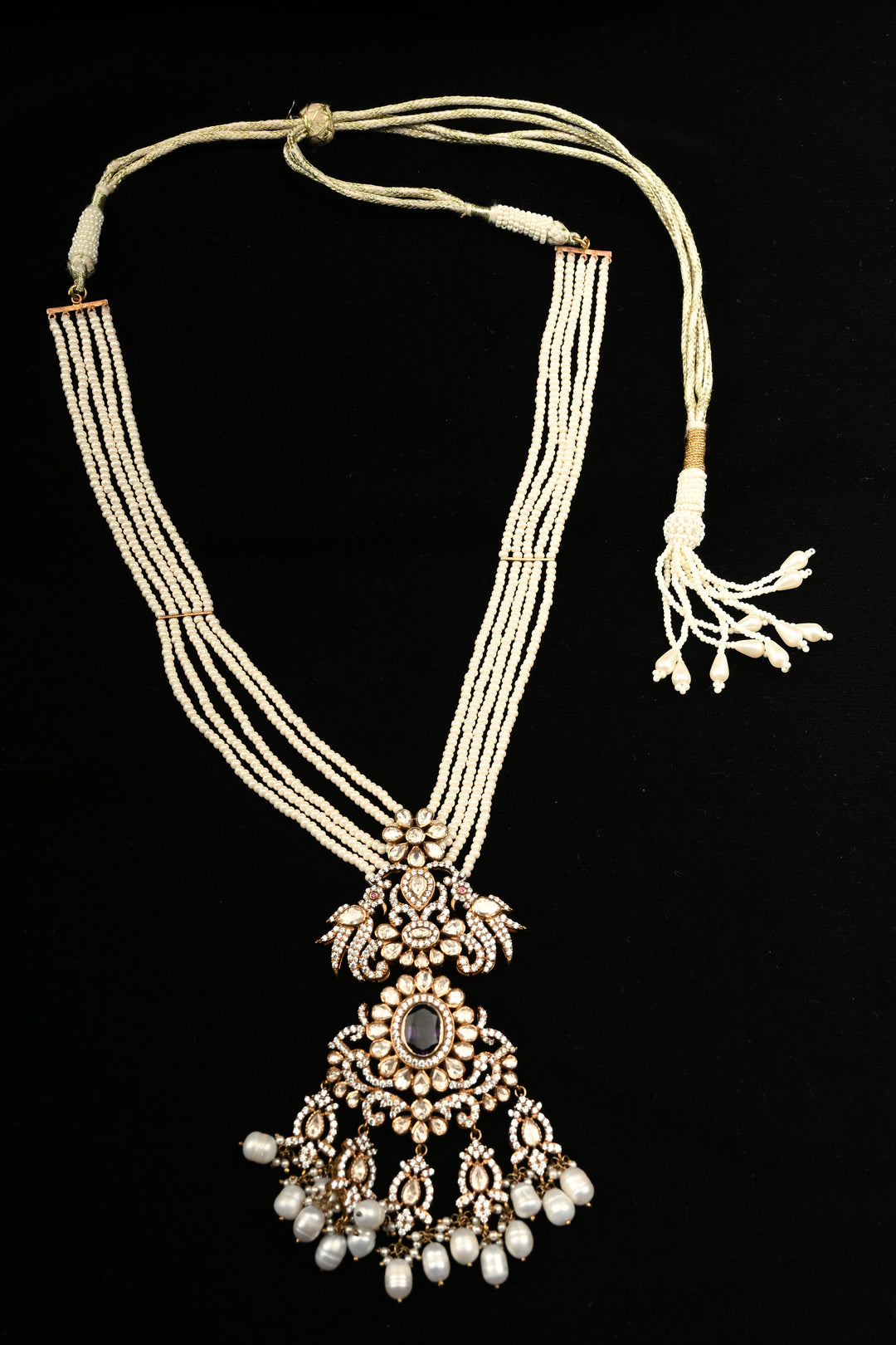 Pure 92.5 Silver Multi-Strand Pearl Necklace with Victorian Pendant | SHOBITAM