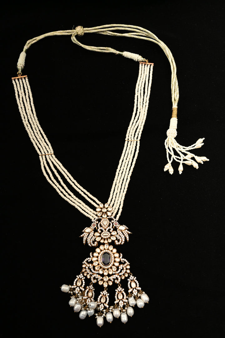Pure 92.5 Silver Multi-Strand Pearl Necklace with Victorian Pendant | SHOBITAM
