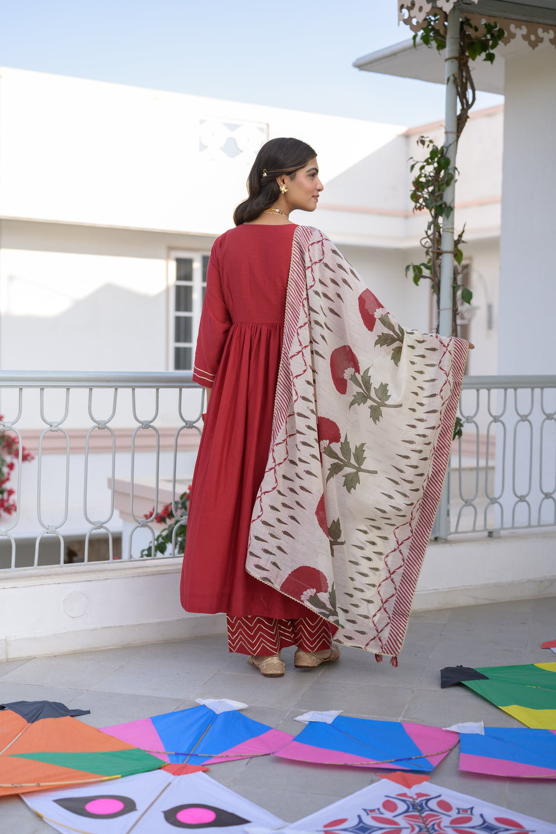 Deep Red Mul Chanderi Alia Cut With Spread Mirror work and Block Print Dupatta Suit Set- SET OF-3 | SHOBITAM