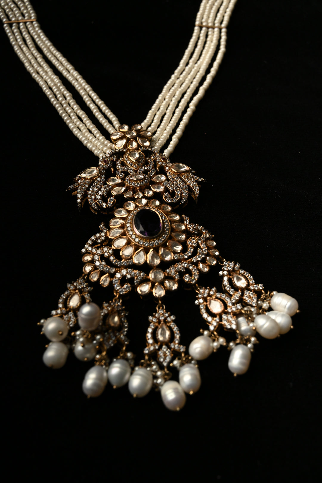 Pure 92.5 Silver Multi-Strand Pearl Necklace with Victorian Pendant | SHOBITAM