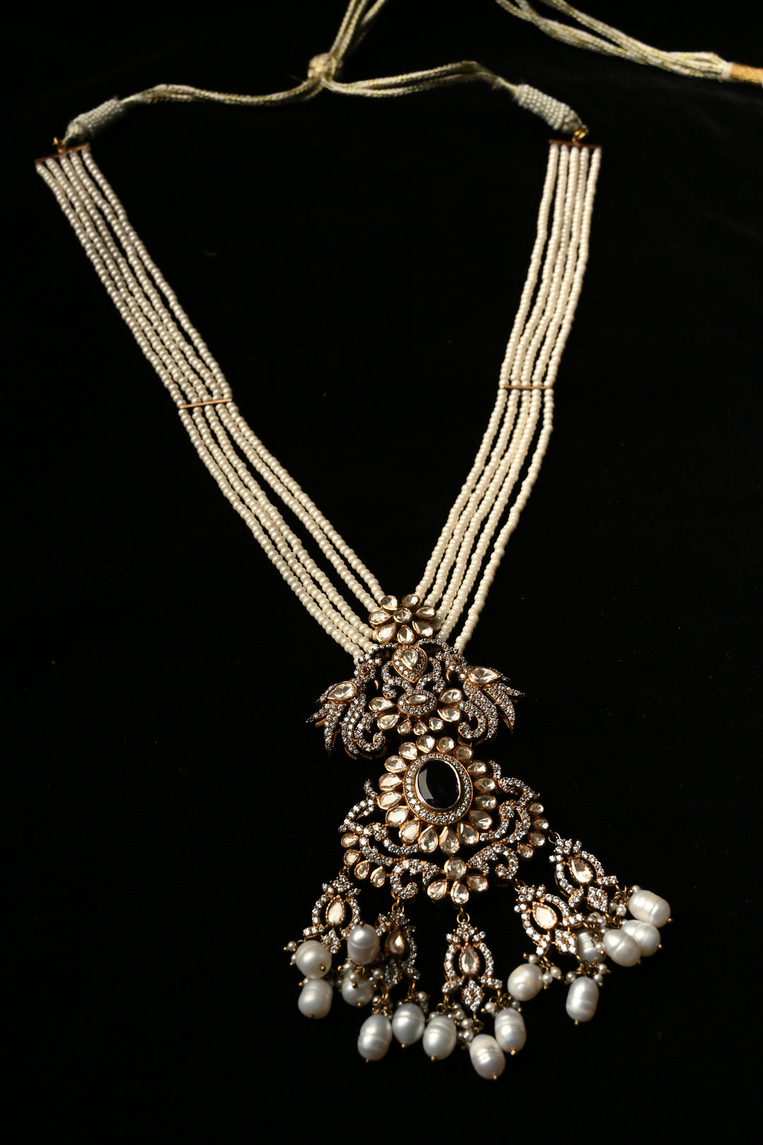 Pure 92.5 Silver Multi-Strand Pearl Necklace with Victorian Pendant | SHOBITAM