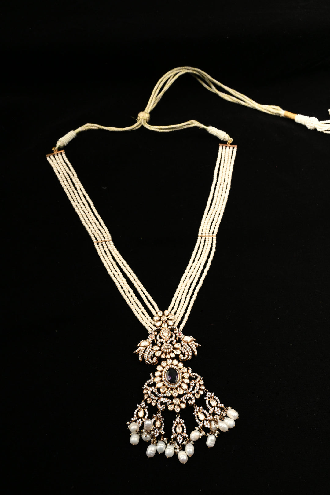 Pure 92.5 Silver Multi-Strand Pearl Necklace with Victorian Pendant | SHOBITAM