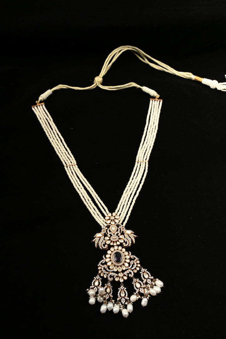 Pure 92.5 Silver Multi-Strand Pearl Necklace with Victorian Pendant | SHOBITAM