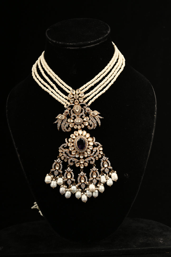 Pure 92.5 Silver Multi-Strand Pearl Necklace with Victorian Pendant | SHOBITAM