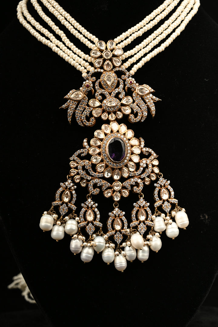 Pure 92.5 Silver Multi-Strand Pearl Necklace with Victorian Pendant | SHOBITAM