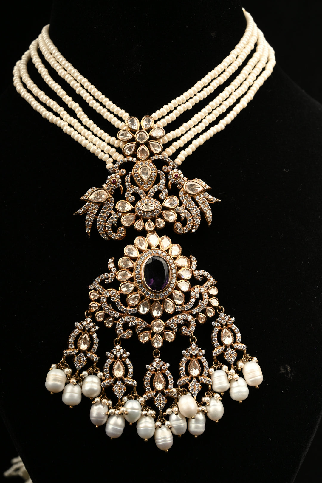 Pure 92.5 Silver Multi-Strand Pearl Necklace with Victorian Pendant | SHOBITAM