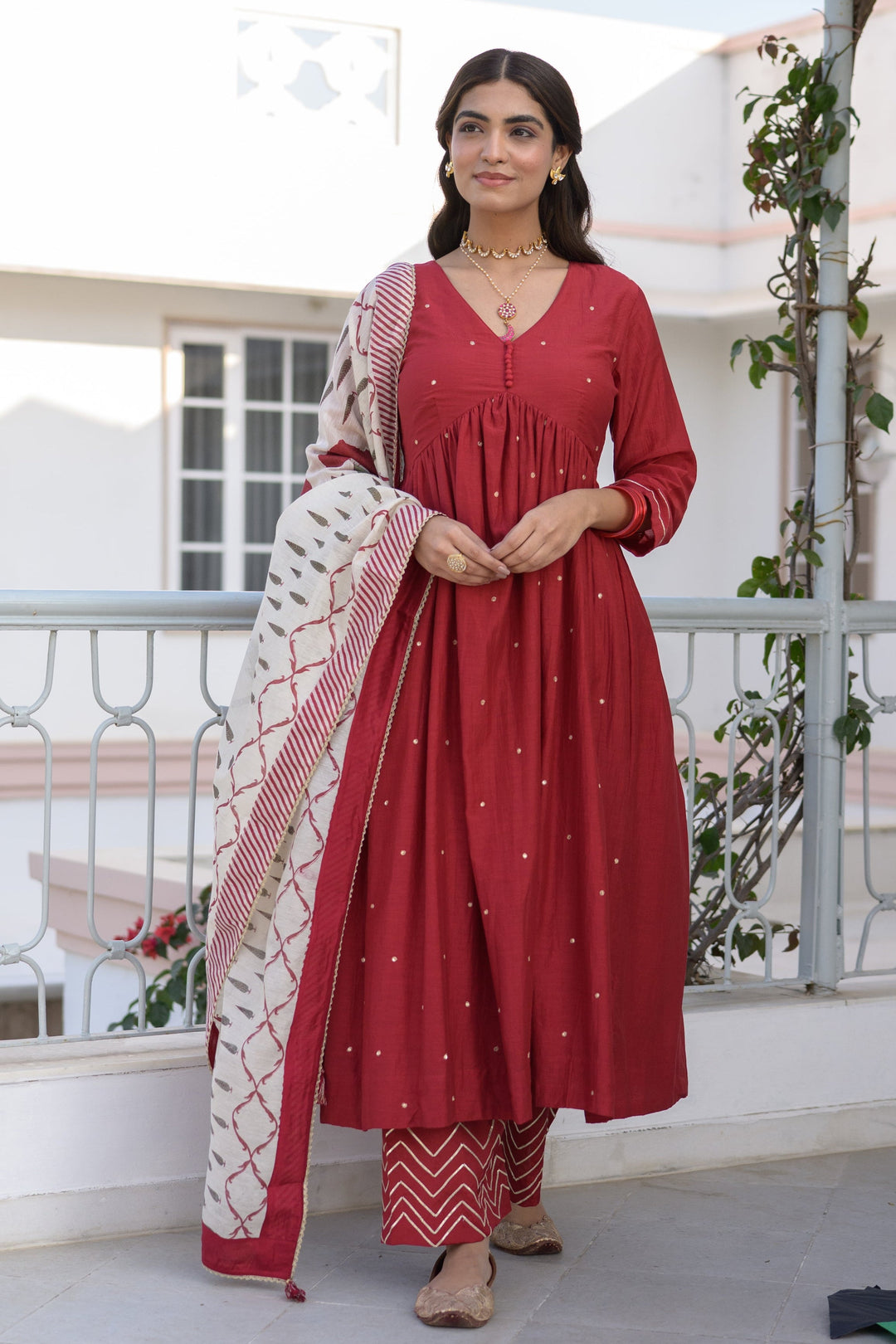 Deep Red Mul Chanderi Alia Cut With Spread Mirror work and Block Print Dupatta Suit Set- SET OF-3 | SHOBITAM
