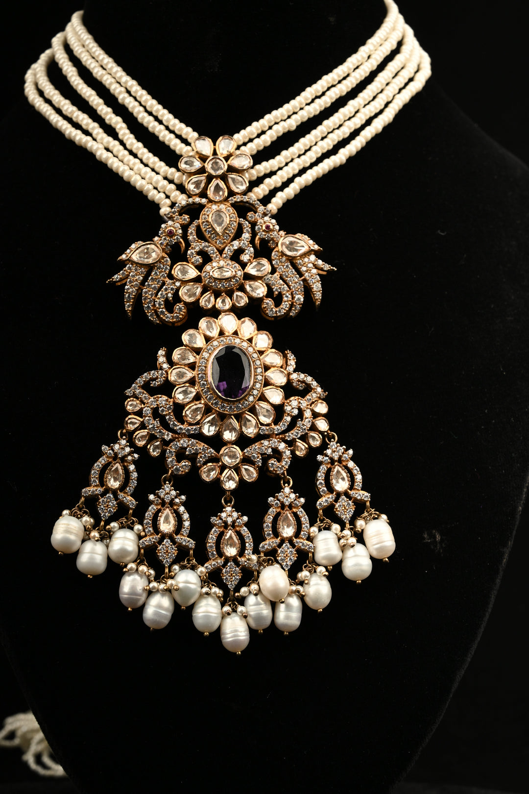 Pure 92.5 Silver Multi-Strand Pearl Necklace with Victorian Pendant | SHOBITAM