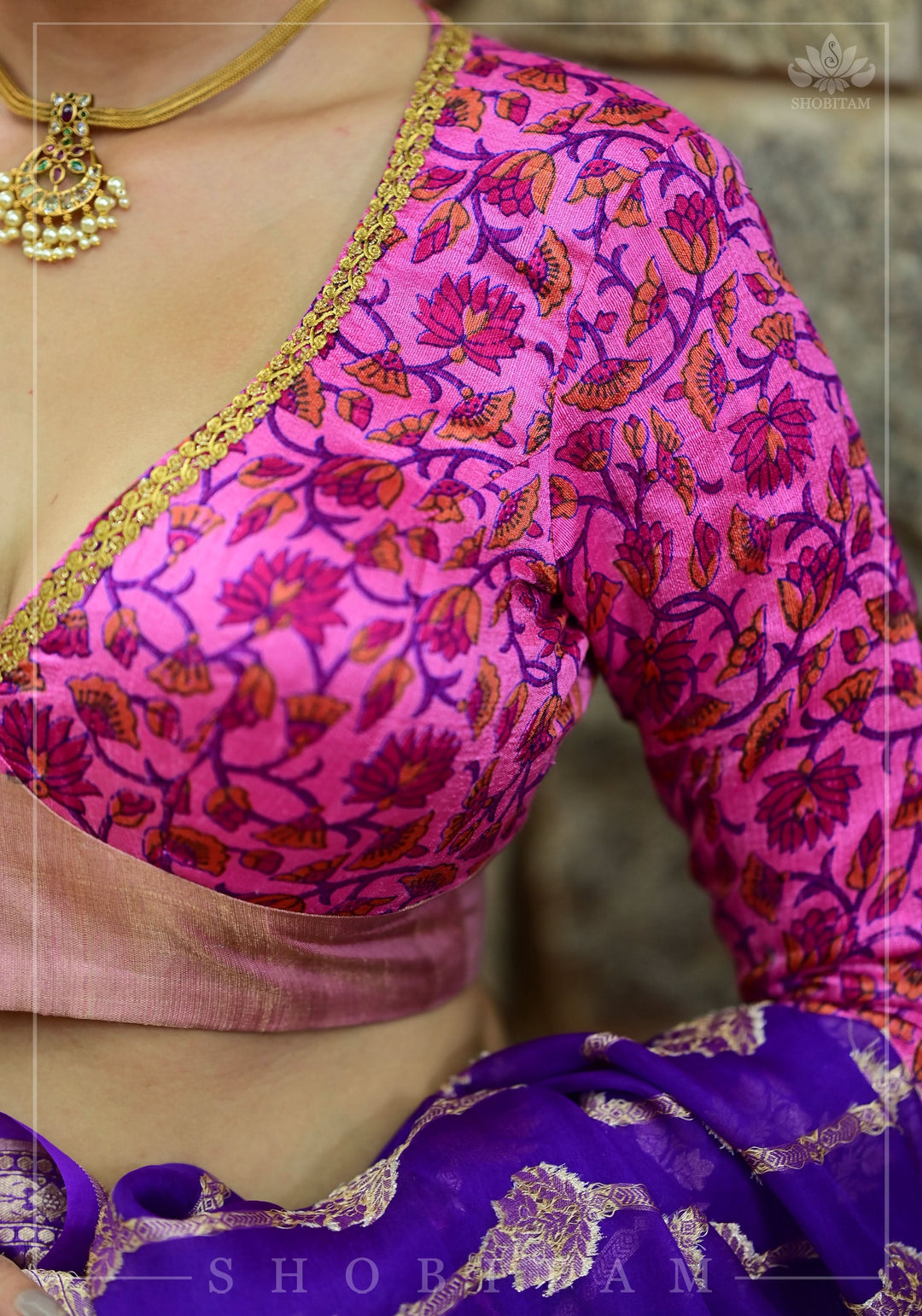 Pink floral Pure Raw Silk full sleeve Plunge neck blouse with Bow tie back