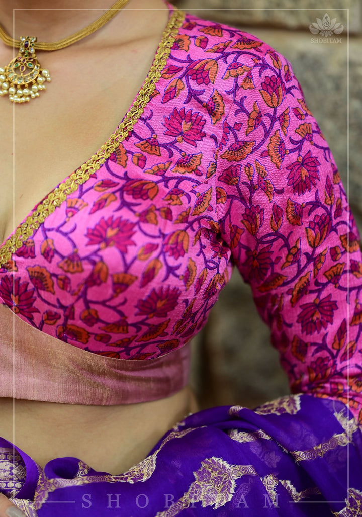 Pink floral Pure Raw Silk full sleeve Plunge neck blouse with Bow tie back