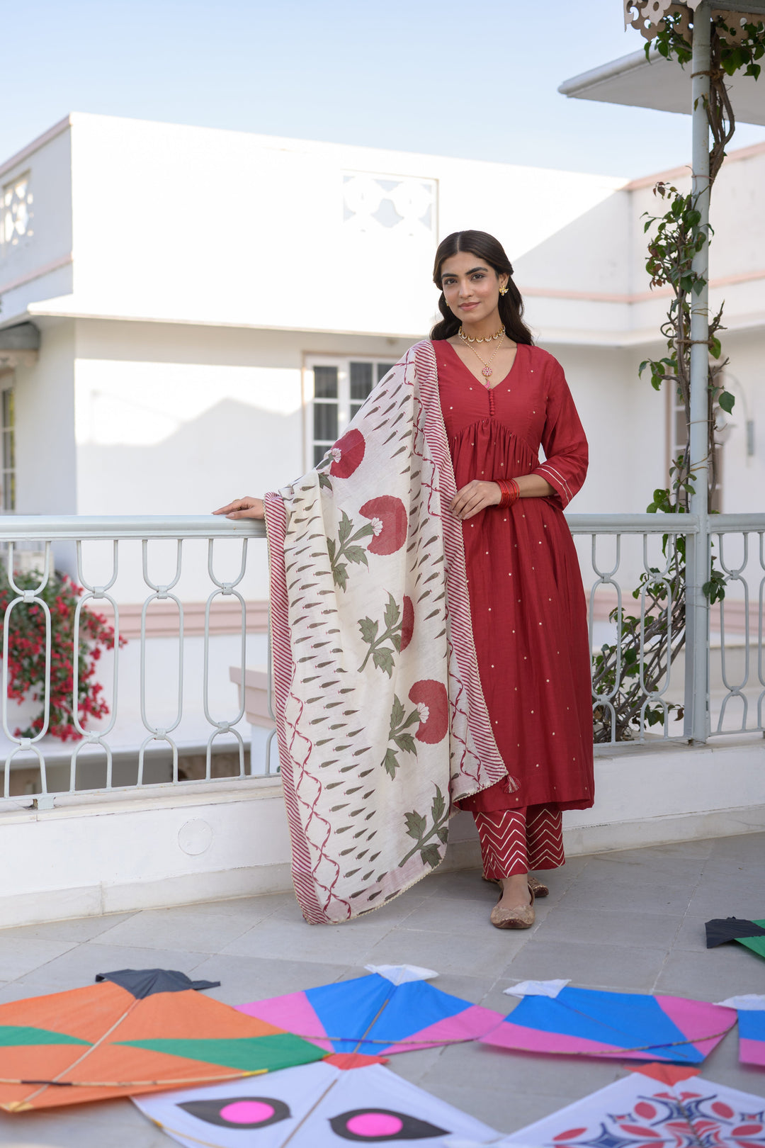 Deep Red Mul Chanderi Alia Cut With Spread Mirror work and Block Print Dupatta Suit Set- SET OF-3 | SHOBITAM