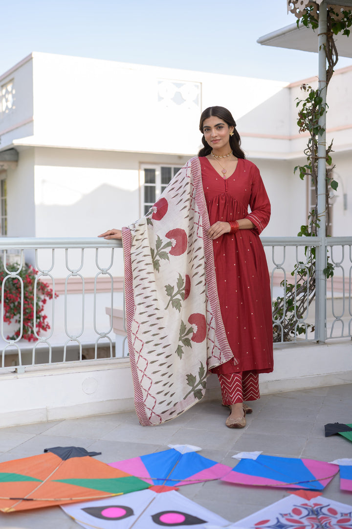 Deep Red Mul Chanderi Alia Cut With Spread Mirror work and Block Print Dupatta Suit Set- SET OF-3 | SHOBITAM