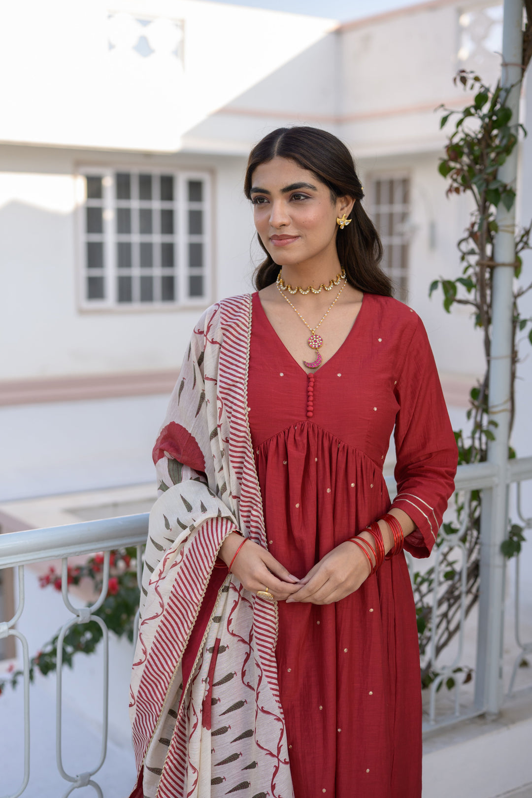 Deep Red Mul Chanderi Alia Cut With Spread Mirror work and Block Print Dupatta Suit Set- SET OF-3 | SHOBITAM