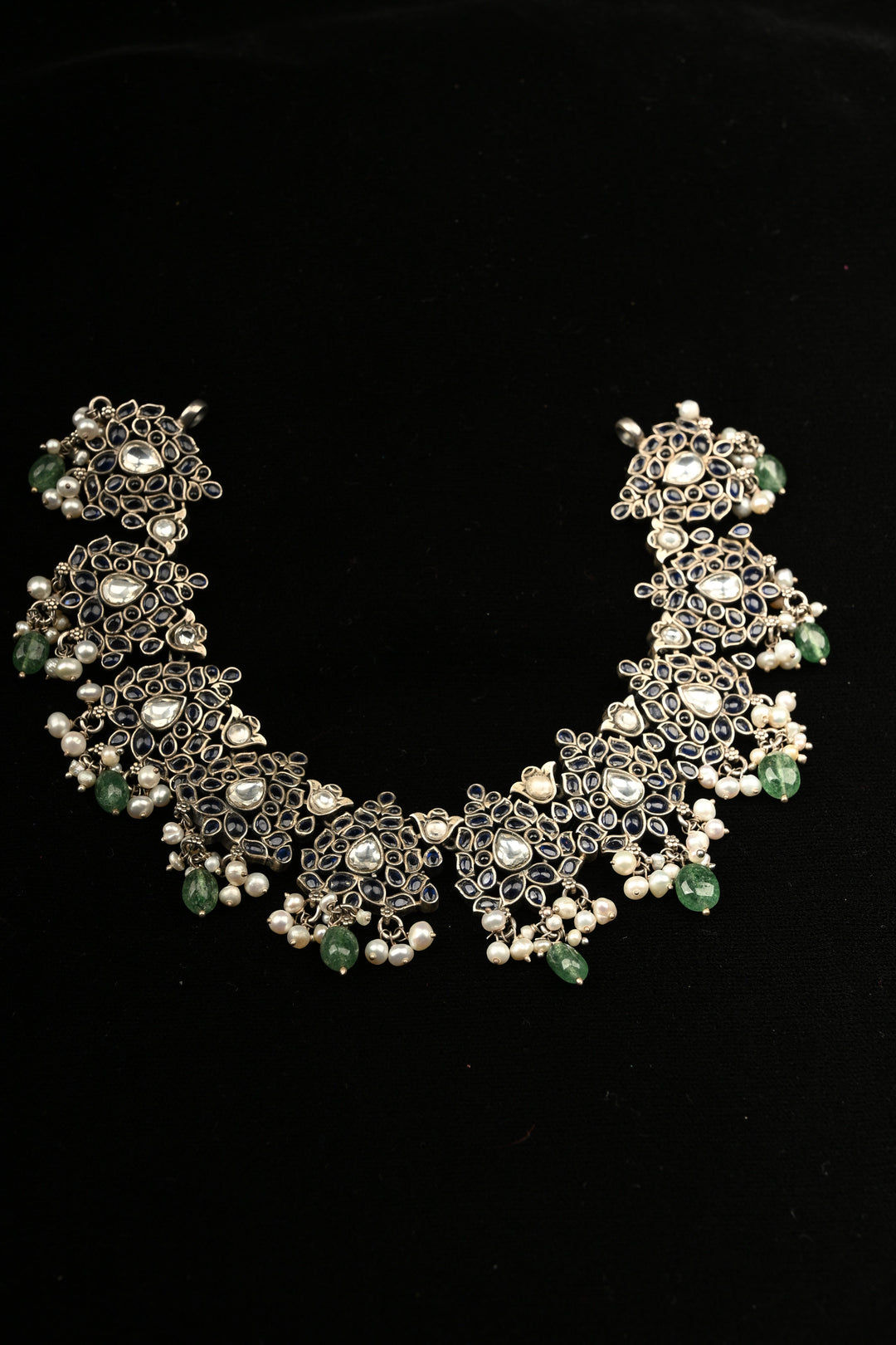 Pure 92.5 Silver Oxidized Finish Floral Choker with Gemstone Accents and Green Drops | SHOBITAM