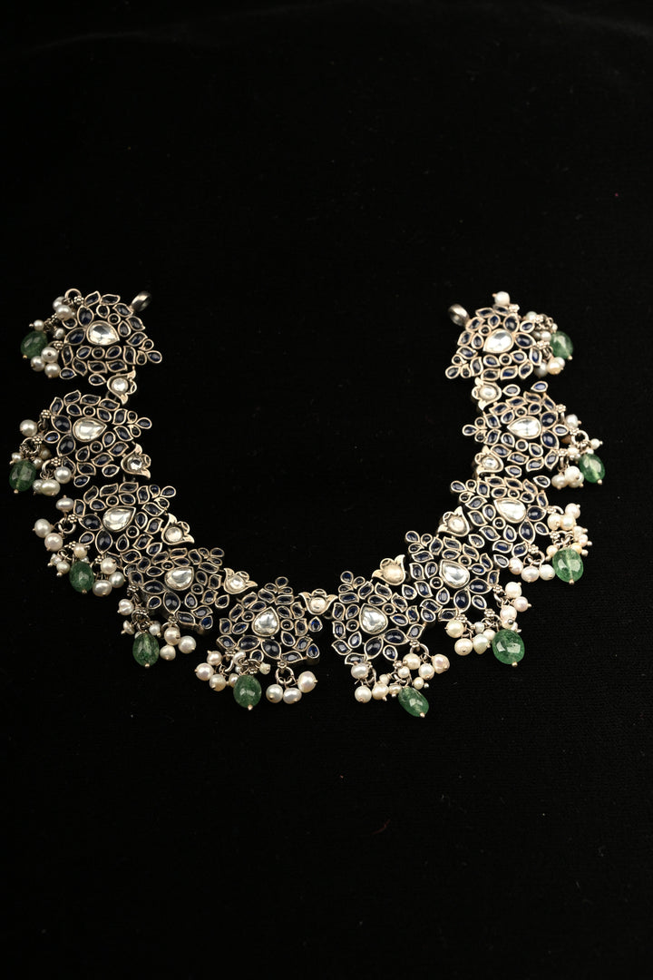Pure 92.5 Silver Oxidized Finish Floral Choker with Gemstone Accents and Green Drops | SHOBITAM