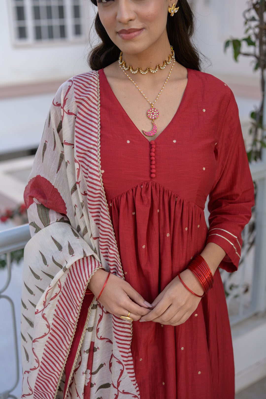 Deep Red Mul Chanderi Alia Cut With Spread Mirror work and Block Print Dupatta Suit Set- SET OF-3 | SHOBITAM
