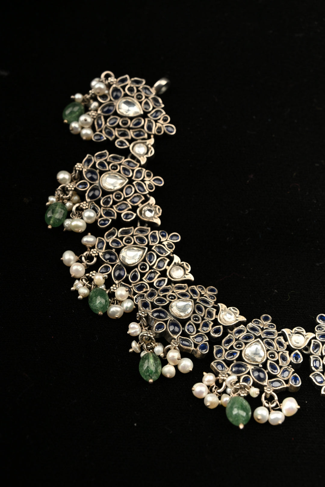 Pure 92.5 Silver Oxidized Finish Floral Choker with Gemstone Accents and Green Drops | SHOBITAM