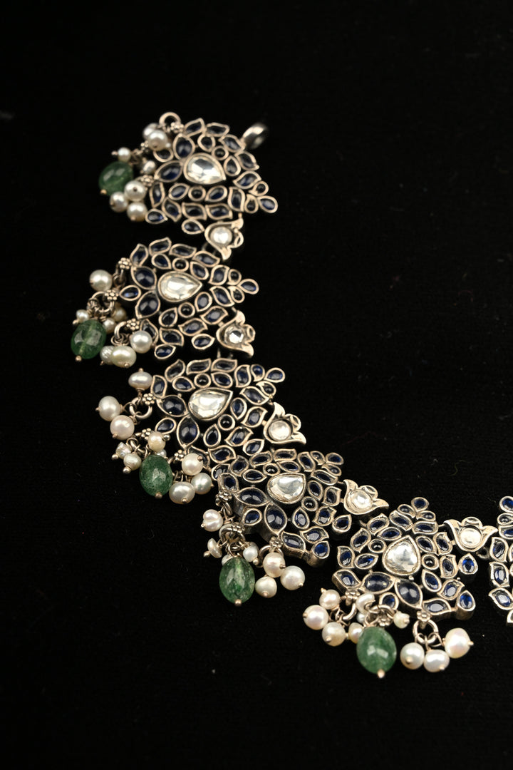 Pure 92.5 Silver Oxidized Finish Floral Choker with Gemstone Accents and Green Drops | SHOBITAM