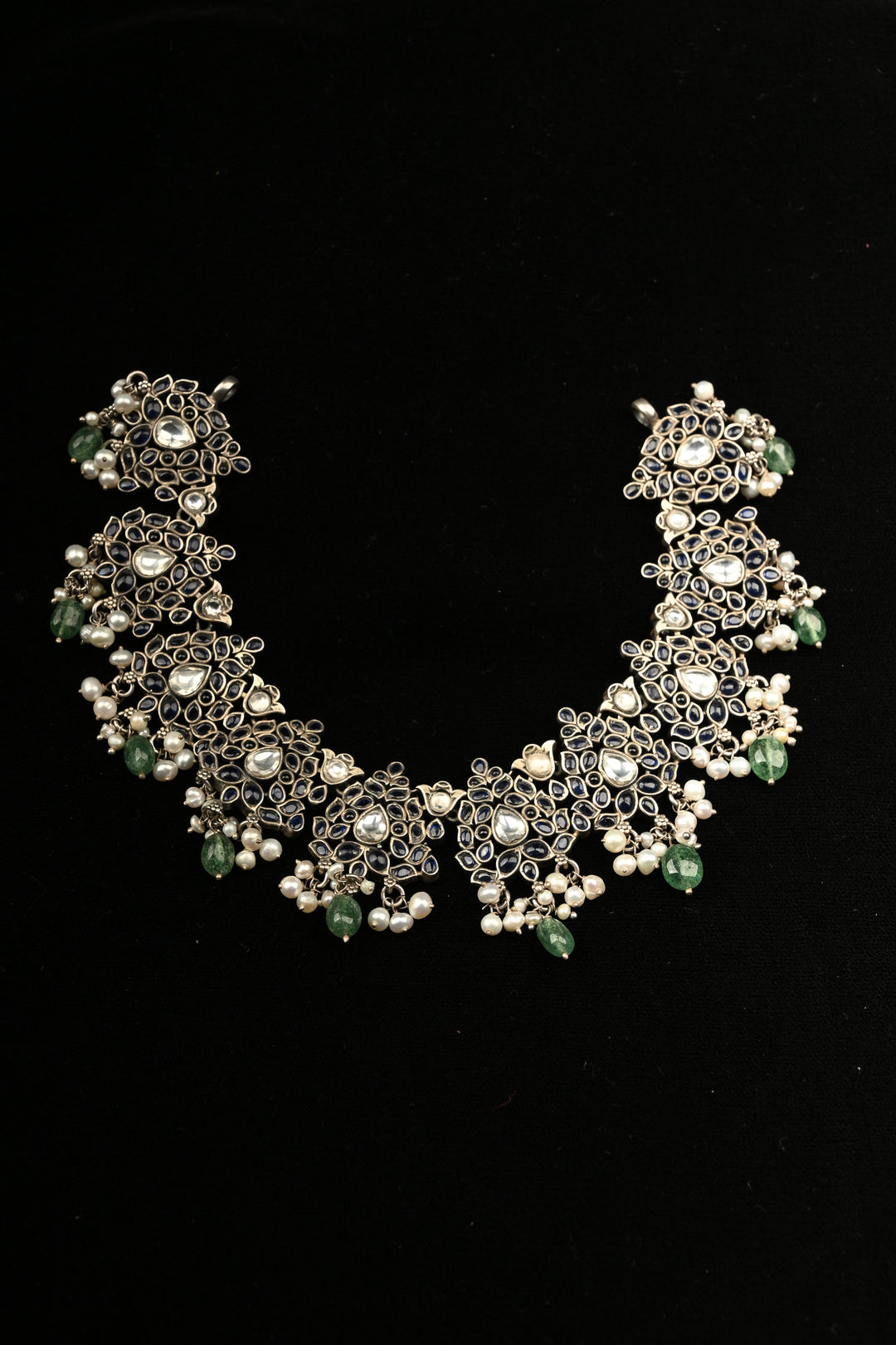 Pure 92.5 Silver Oxidized Finish Floral Choker with Gemstone Accents and Green Drops | SHOBITAM