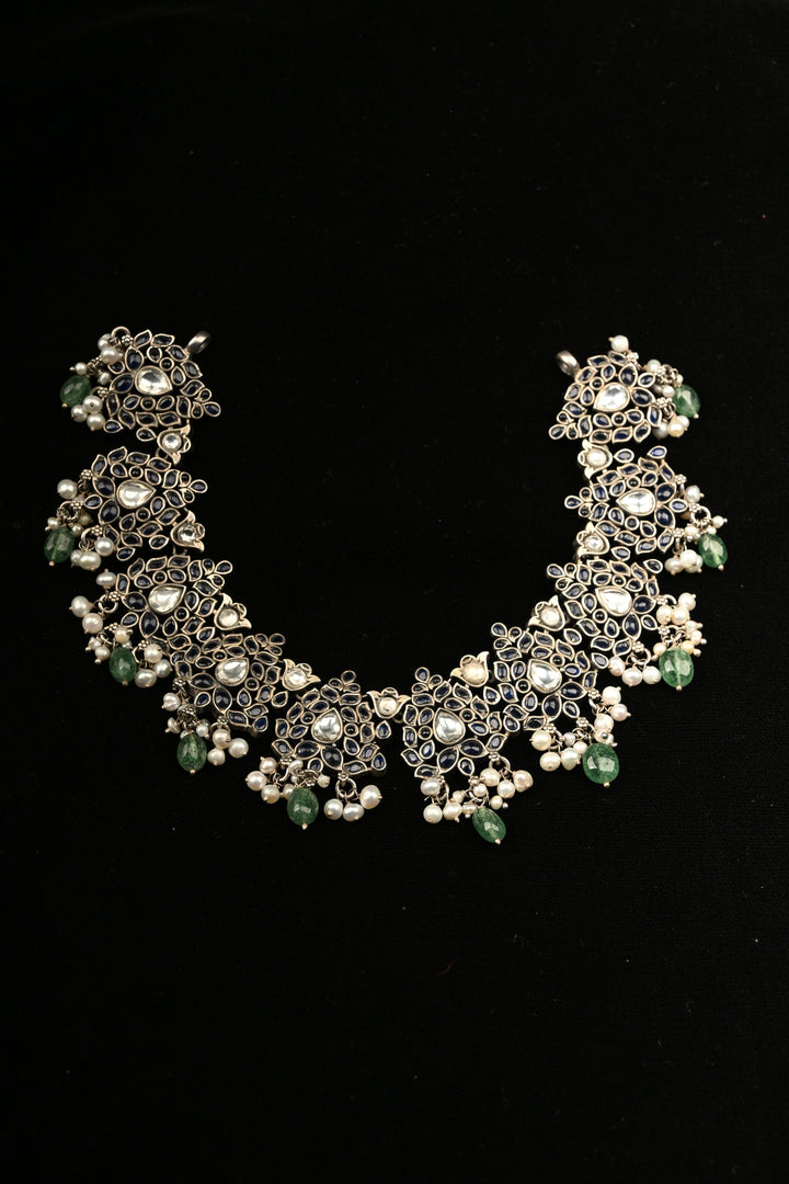 Pure 92.5 Silver Oxidized Finish Floral Choker with Gemstone Accents and Green Drops | SHOBITAM