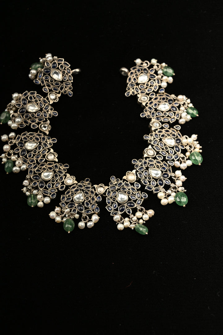 Pure 92.5 Silver Oxidized Finish Floral Choker with Gemstone Accents and Green Drops | SHOBITAM