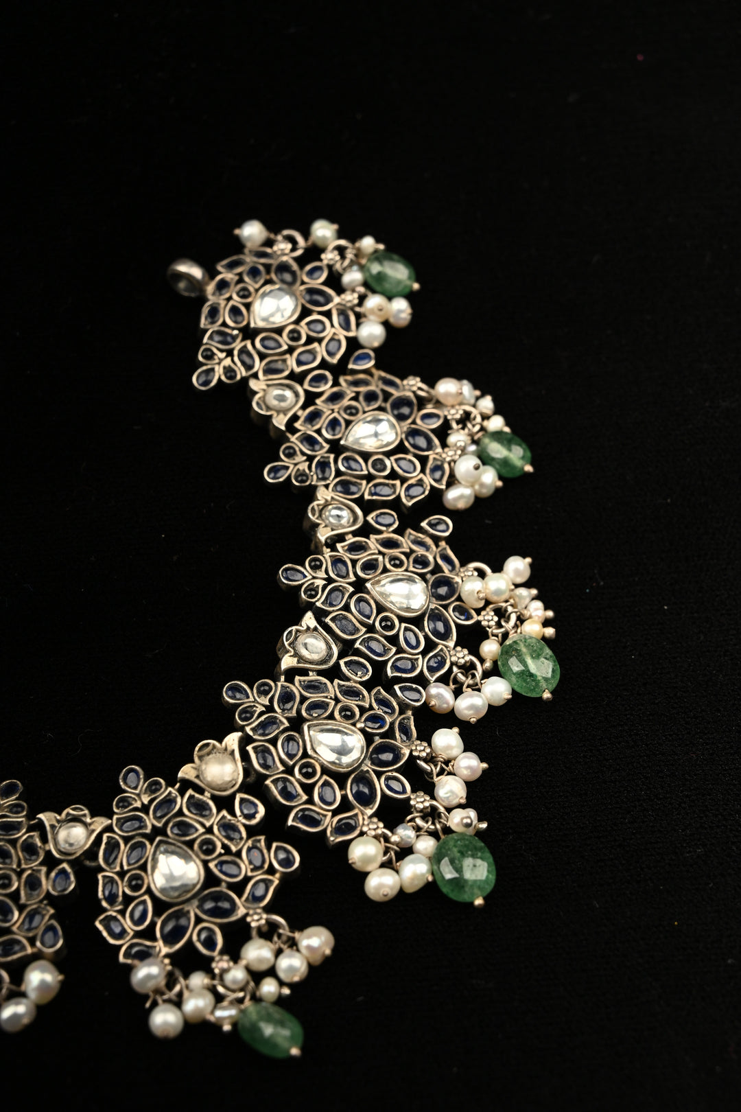 Pure 92.5 Silver Oxidized Finish Floral Choker with Gemstone Accents and Green Drops | SHOBITAM
