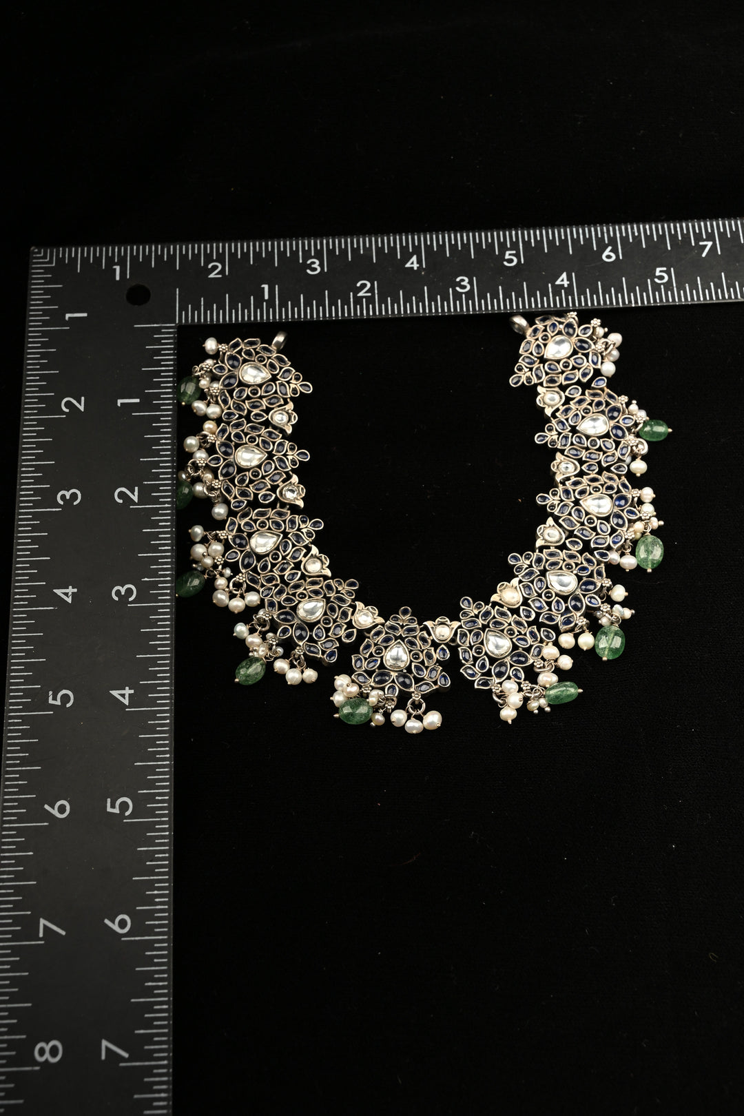 Pure 92.5 Silver Oxidized Finish Floral Choker with Gemstone Accents and Green Drops | SHOBITAM