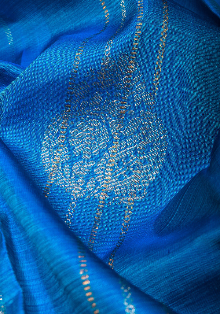 Exquisite Borderless Blue Kanjivaram Silk Saree with Vertical Stripes and Damask Motifs with Contrast Pallu | SILK MARK CERTIFIED