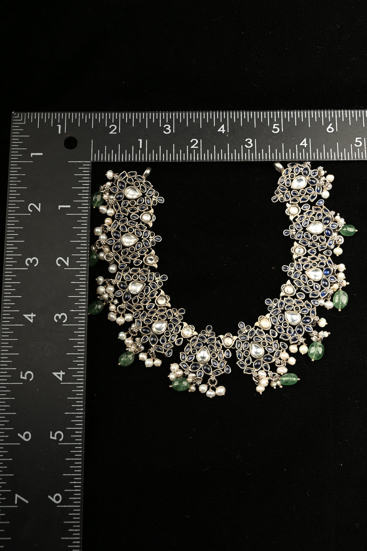 Pure 92.5 Silver Oxidized Finish Floral Choker with Gemstone Accents and Green Drops | SHOBITAM