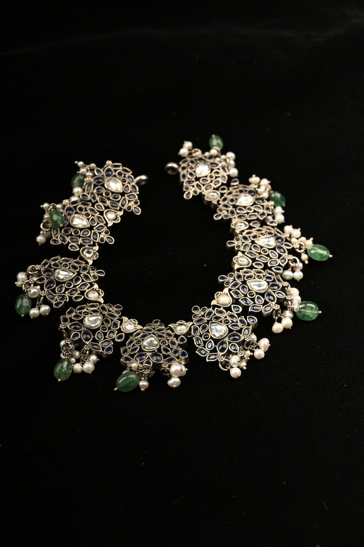 Pure 92.5 Silver Oxidized Finish Floral Choker with Gemstone Accents and Green Drops | SHOBITAM