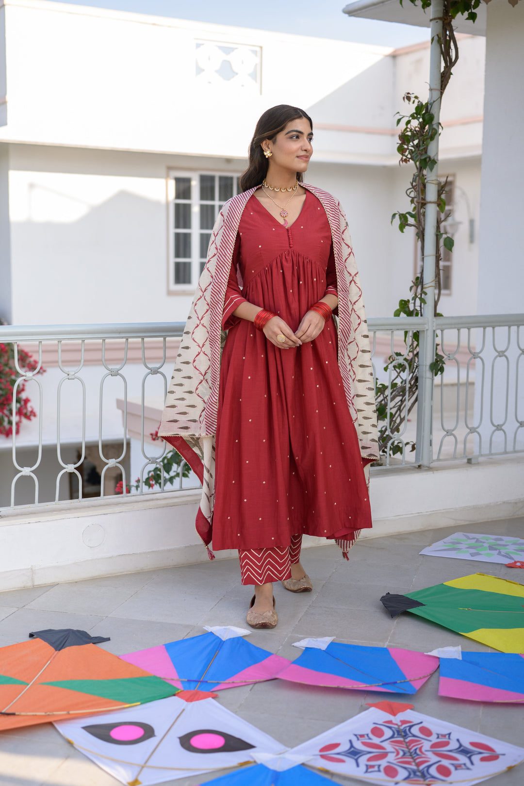 Deep Red Mul Chanderi Alia Cut With Spread Mirror work and Block Print Dupatta Suit Set- SET OF-3 | SHOBITAM