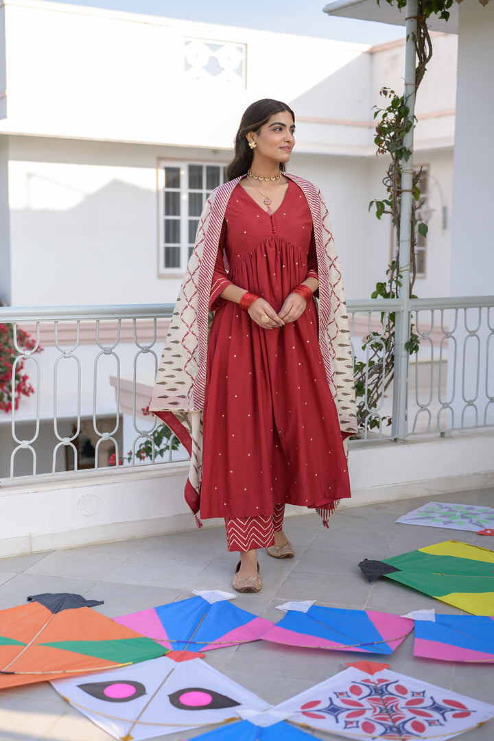Deep Red Mul Chanderi Alia Cut With Spread Mirror work and Block Print Dupatta Suit Set- SET OF-3 | SHOBITAM