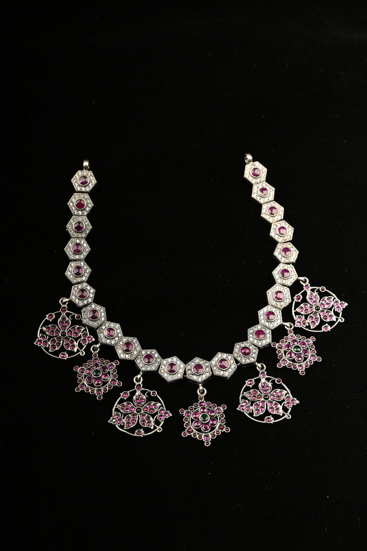Pure 92.5 Silver Oxidized Finish Floral Charms Necklace with Gemstone Accents | SHOBITAM