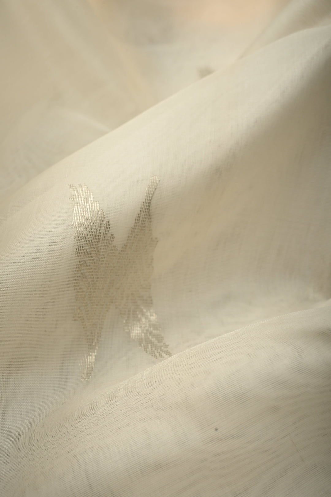 White Chanderi Silk Saree with Floral Silver Zari Buttas and Minimal Tissue Zari Border | SHOBITAM
