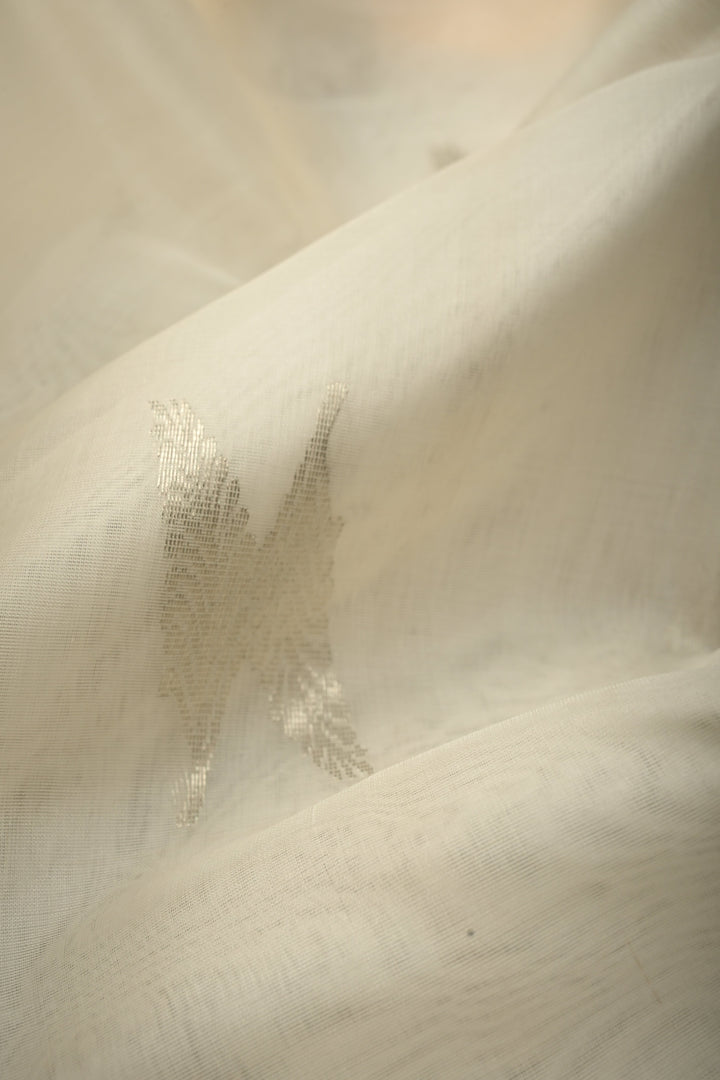 White Chanderi Silk Saree with Floral Silver Zari Buttas and Minimal Tissue Zari Border | SHOBITAM