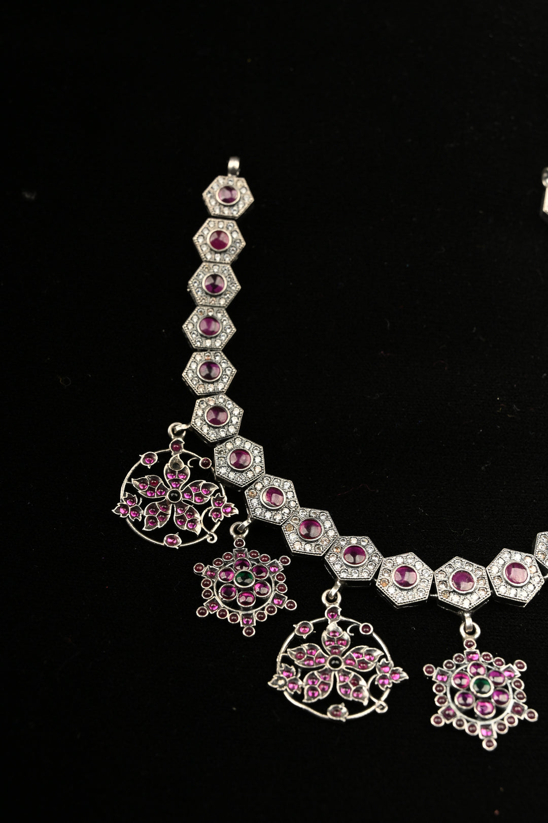 Pure 92.5 Silver Oxidized Finish Floral Charms Necklace with Gemstone Accents | SHOBITAM