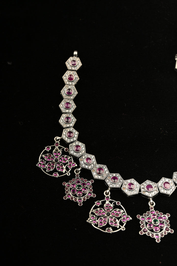 Pure 92.5 Silver Oxidized Finish Floral Charms Necklace with Gemstone Accents | SHOBITAM