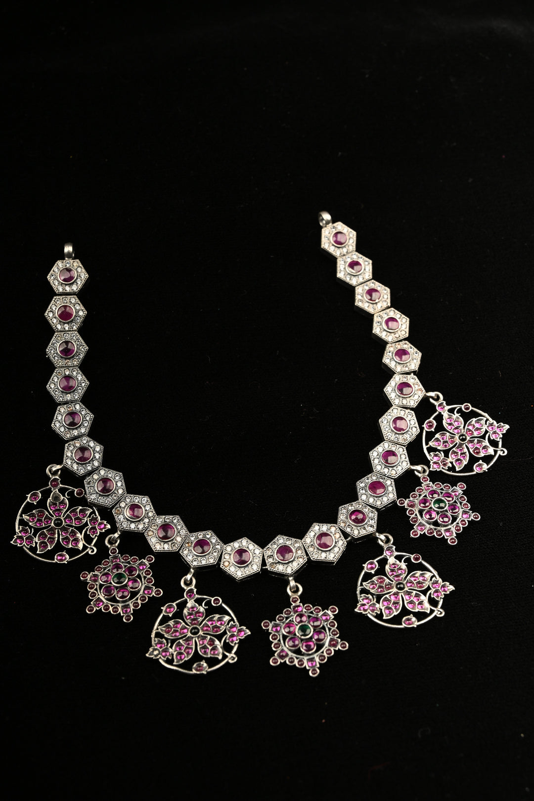 Pure 92.5 Silver Oxidized Finish Floral Charms Necklace with Gemstone Accents | SHOBITAM