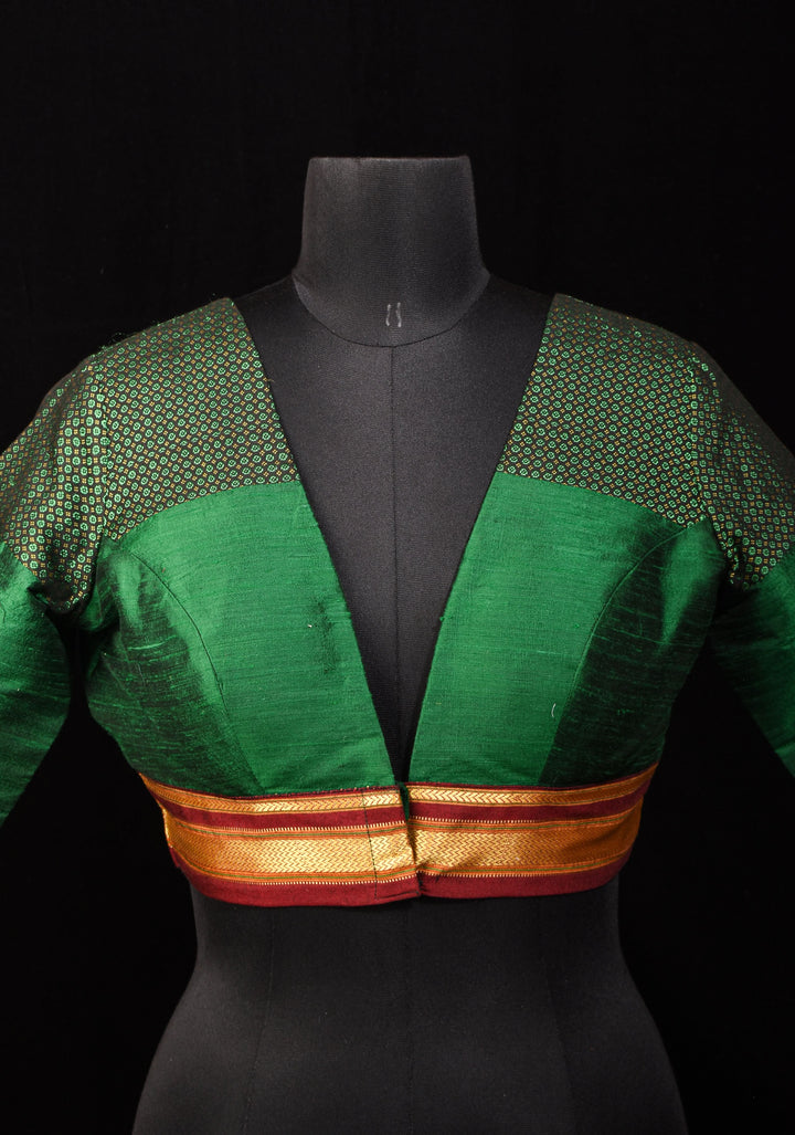 Emerald Green Pure Raw Silk Blouse with Plunge Neck and Khun detailing, Customizable, made to order