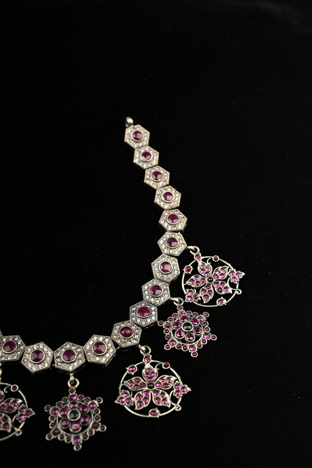 Pure 92.5 Silver Oxidized Finish Floral Charms Necklace with Gemstone Accents | SHOBITAM