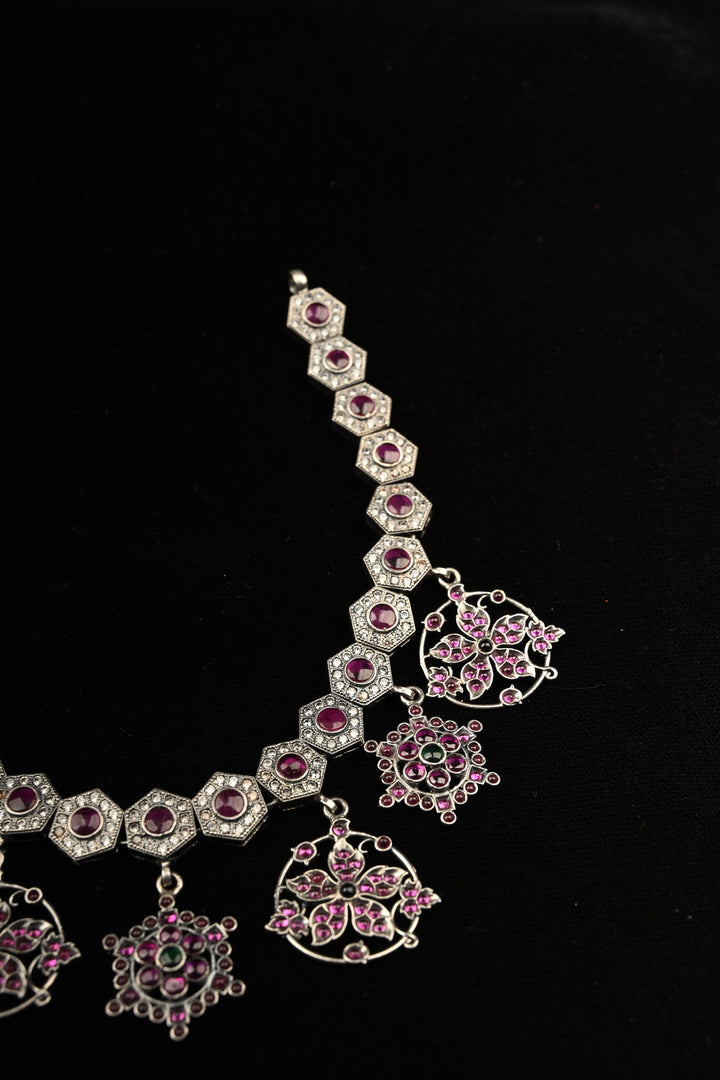 Pure 92.5 Silver Oxidized Finish Floral Charms Necklace with Gemstone Accents | SHOBITAM