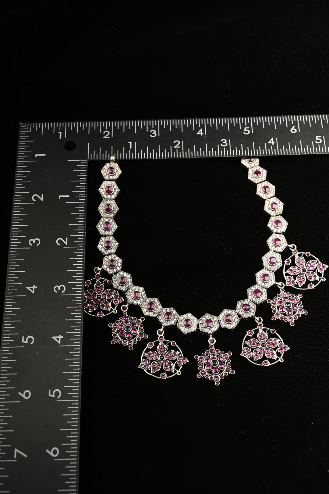 Pure 92.5 Silver Oxidized Finish Floral Charms Necklace with Gemstone Accents | SHOBITAM