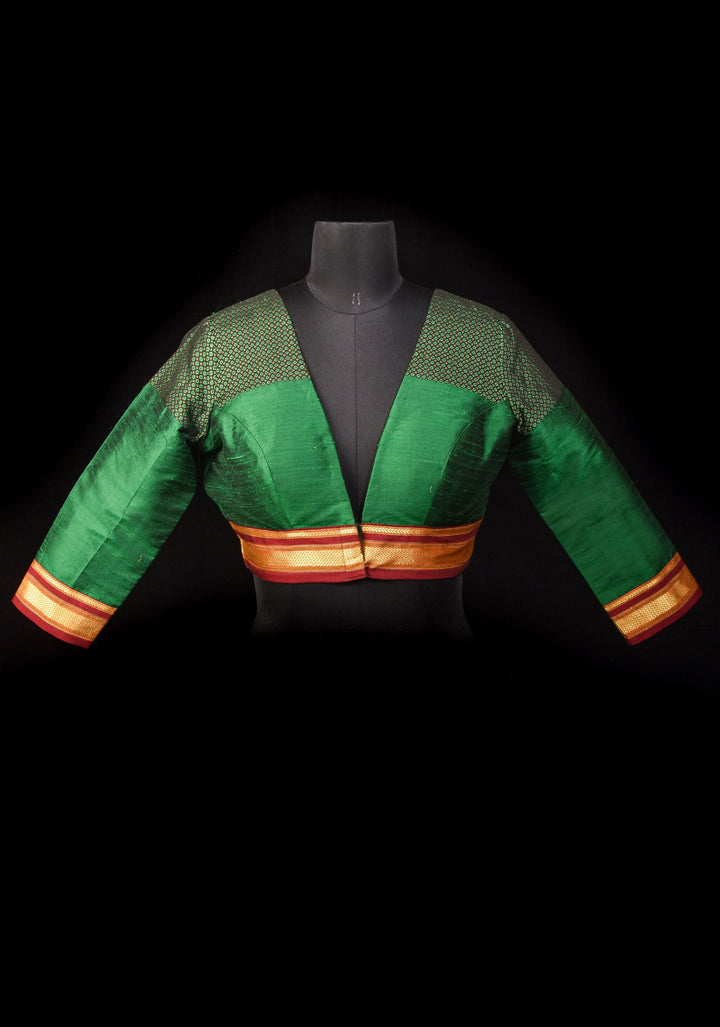 Emerald Green Pure Raw Silk Blouse with Plunge Neck and Khun detailing, Customizable, made to order