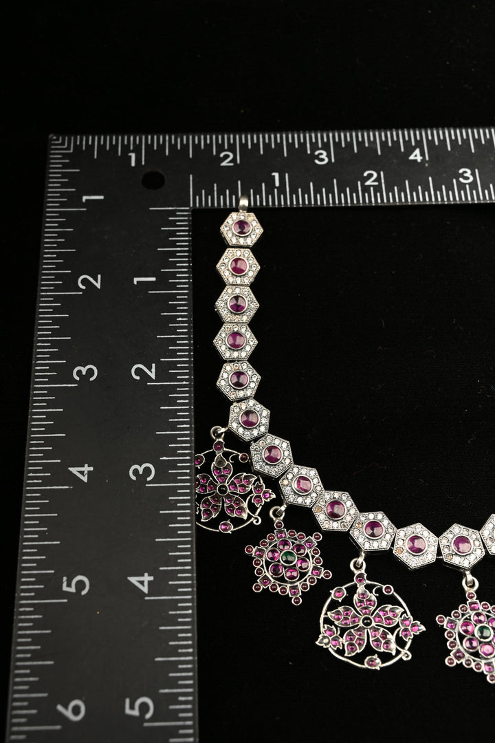 Pure 92.5 Silver Oxidized Finish Floral Charms Necklace with Gemstone Accents | SHOBITAM