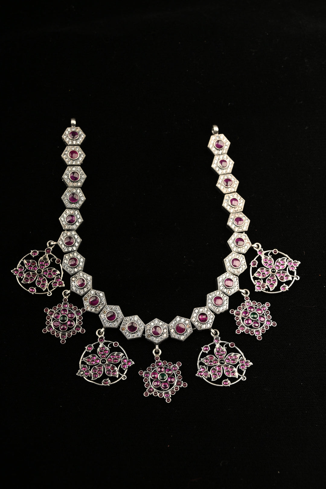 Pure 92.5 Silver Oxidized Finish Floral Charms Necklace with Gemstone Accents | SHOBITAM