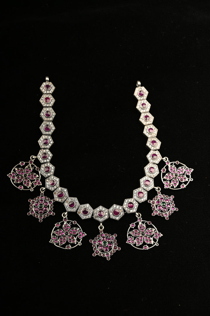 Pure 92.5 Silver Oxidized Finish Floral Charms Necklace with Gemstone Accents | SHOBITAM