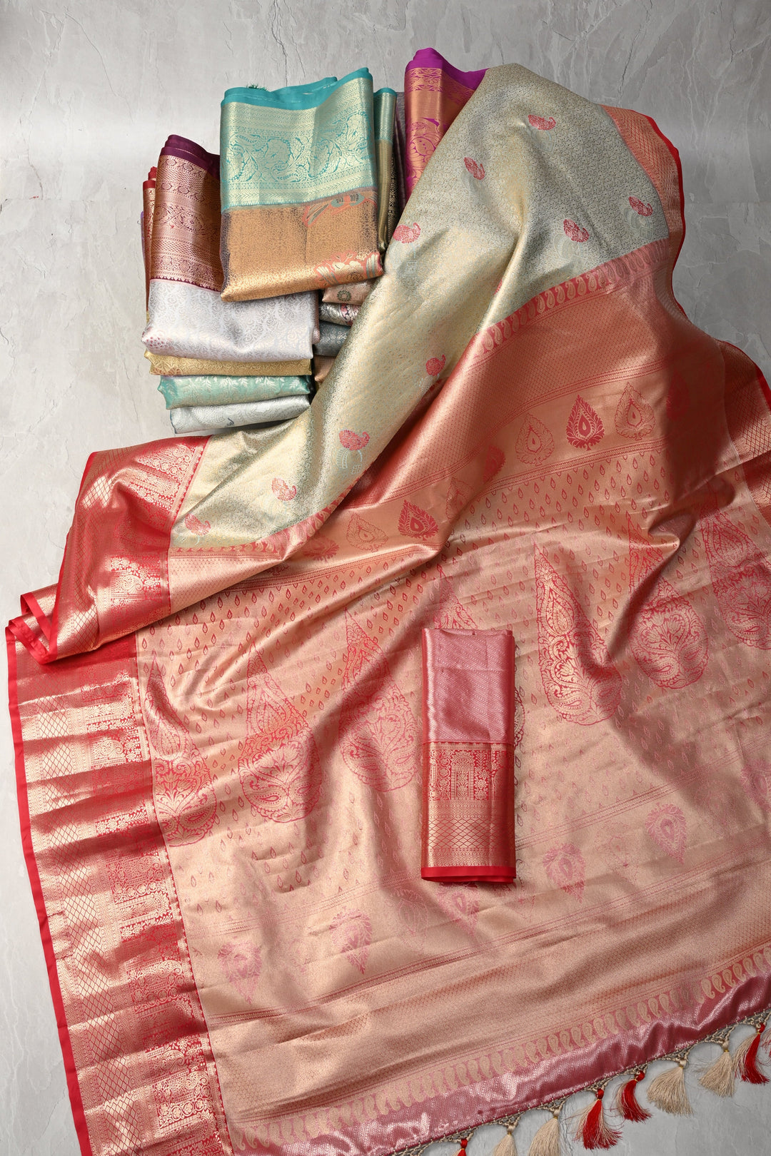 Discounted 15 Sarees Bundle for Gifting: Assorted Mix of 15 Kanjivaram Meenakari Tissue Semi silk saree