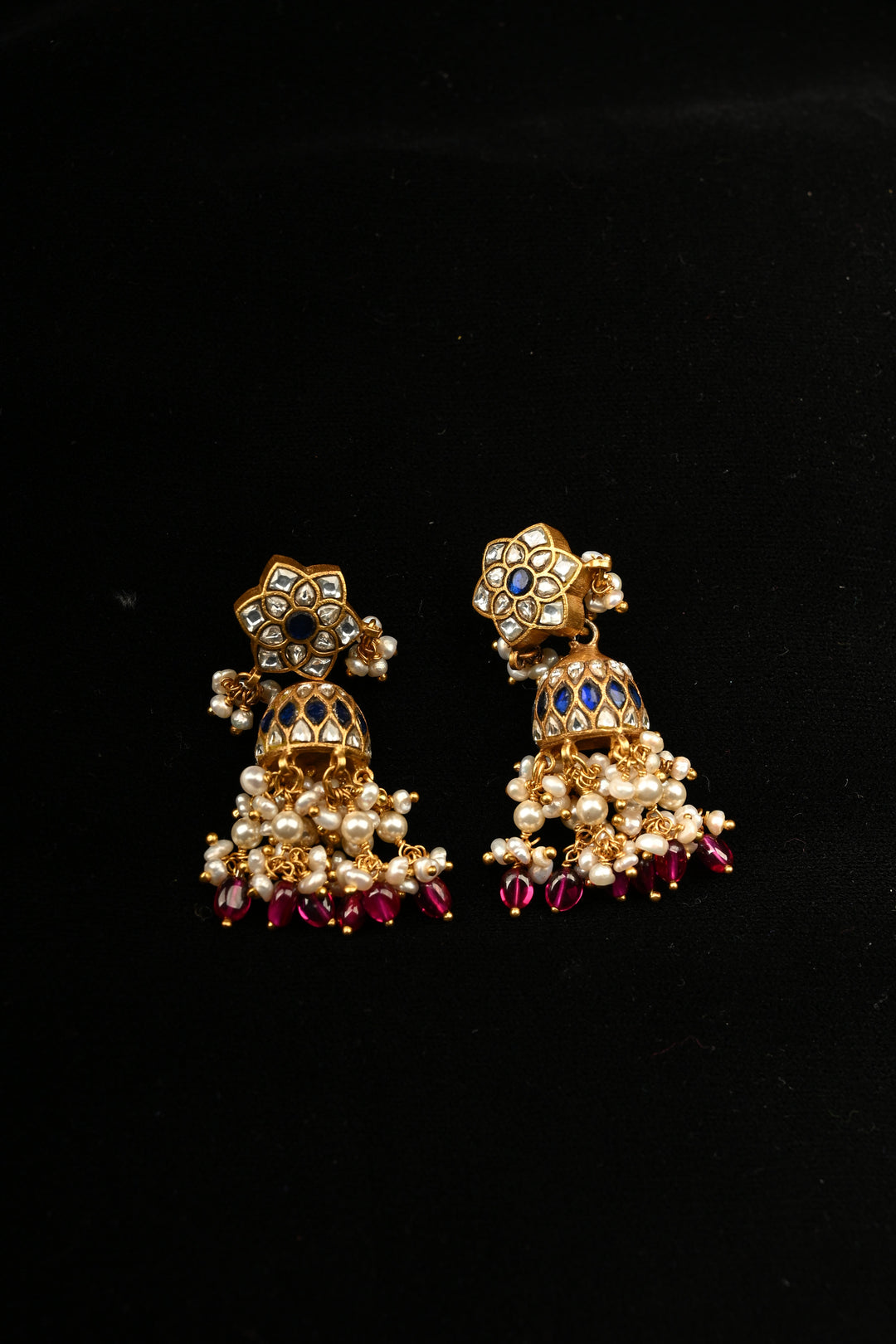 Pure 92.5 Silver, 24kt Gold-Plated Royal Blue Meenakari Vintage-Style Floral Stud Jhumkas | SHOBITAM