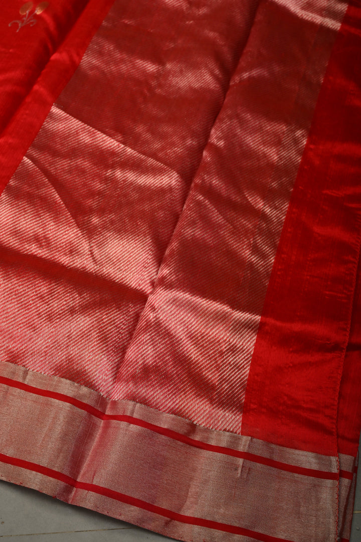 Red Chanderi Silk Saree with Sona Rupa Floral Zari Buttas and Tissue Border | SHOBITAM