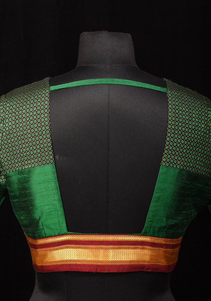 Emerald Green Pure Raw Silk Blouse with Plunge Neck and Khun detailing, Customizable, made to order